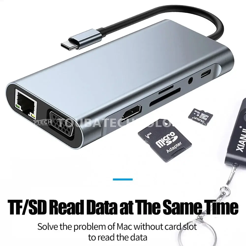 Station d'accueil USB C Hub 10 en 1, adaptateur Multiport