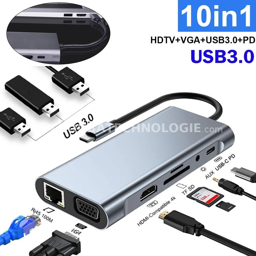 Station d'accueil USB C Hub 10 en 1, adaptateur Multiport