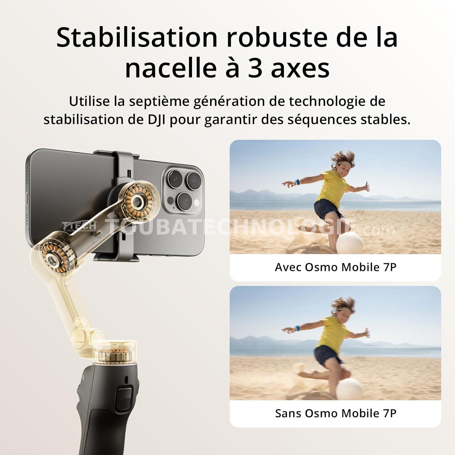 DJI Osmo Mobile 7P pour iPhone, Stabilisateur Nacelle, Android, Suivi natif, Éclairage, Nacelle pour téléphone à 3 axes, Lancement rapide, Édition en un seul clic,Barre d’extension et trépied intégrés